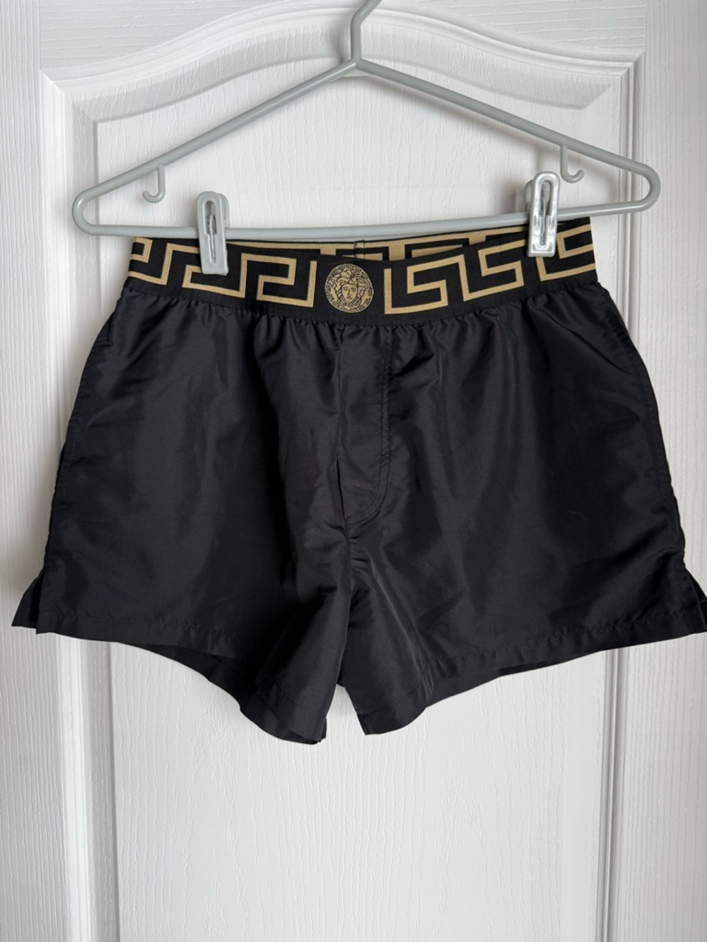 Versace Black Swim Trunks with Gold Greek Key Waistband and Medusa